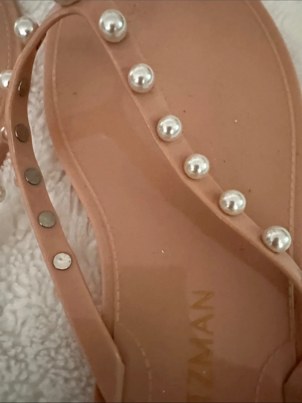 Stuart Weitzman Blush Pearl-Embellished Thong Sandals